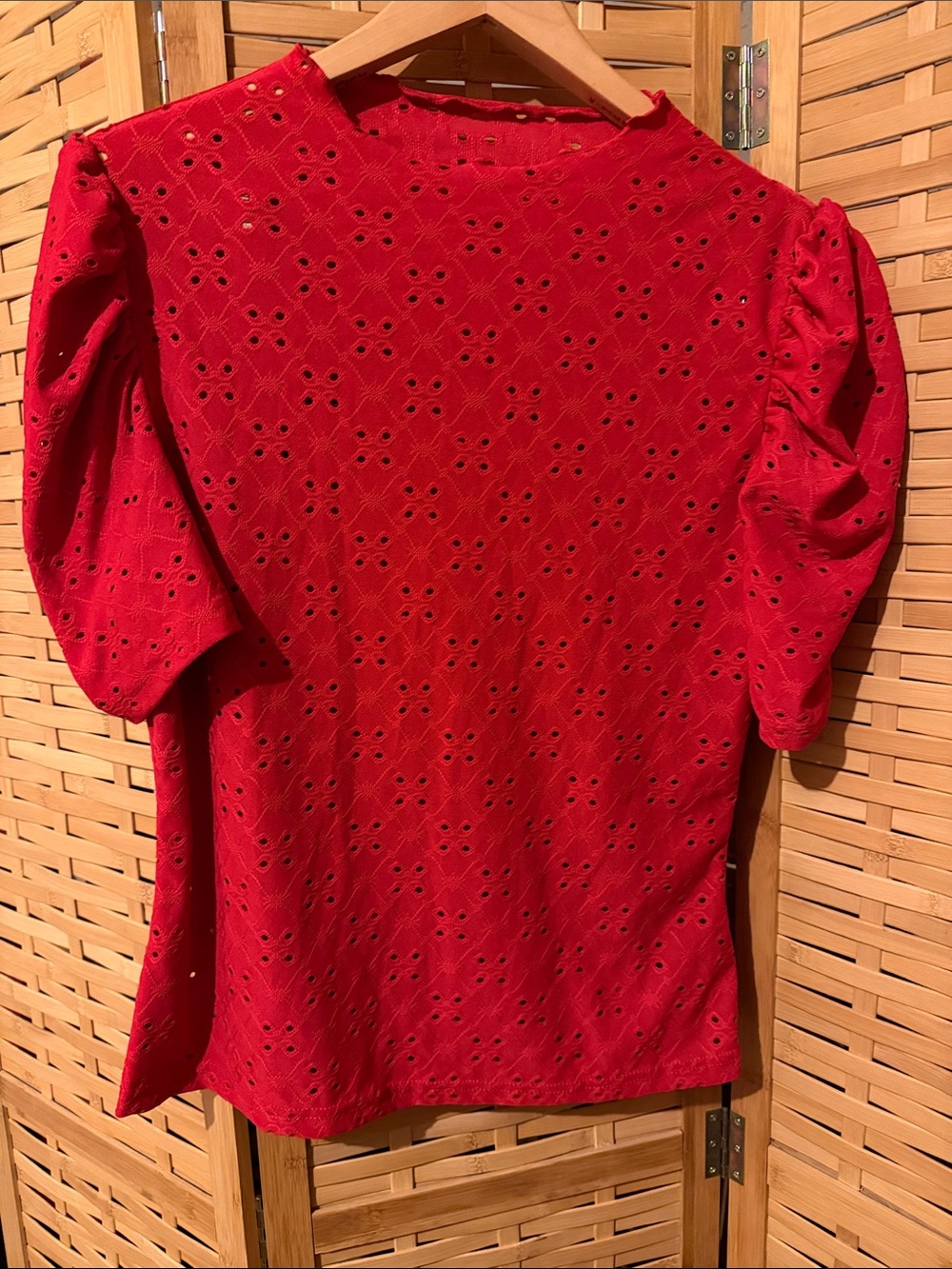 SHEIN Red Eyelet Puff Sleeve Blouse